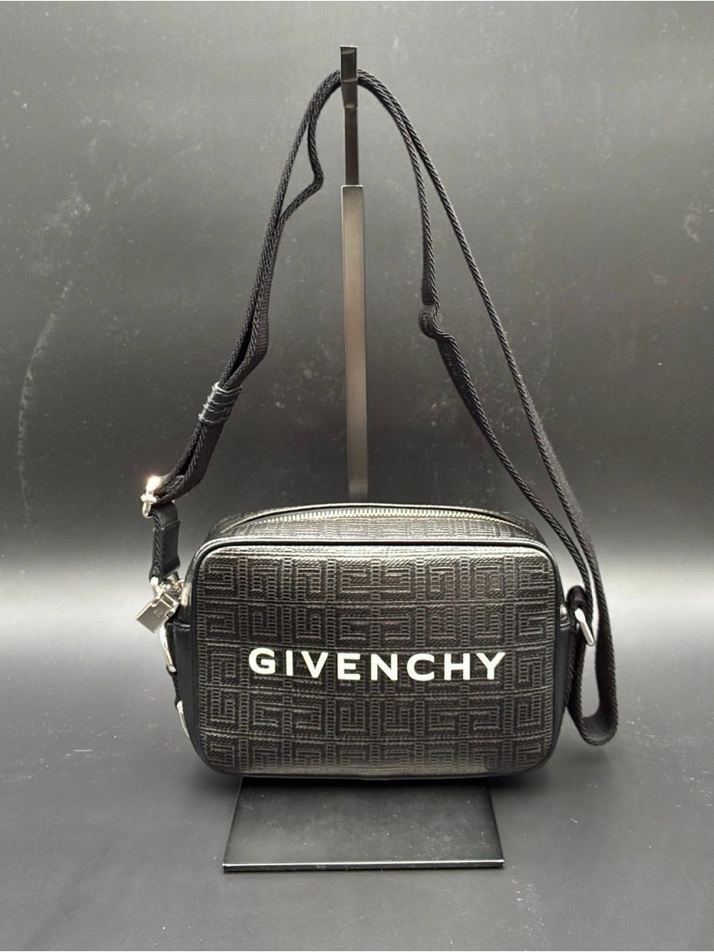 Givenchy Black Textured Logo Crossbody Bag with White Lettering